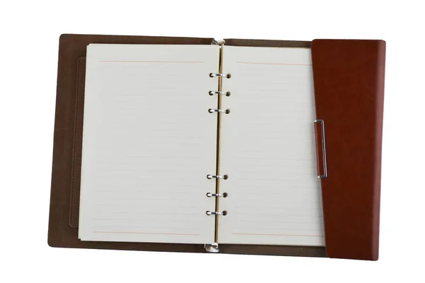 用褐色皮革封皮装订的笔记本 打开笔记本 用白色隔开 — 图库照片