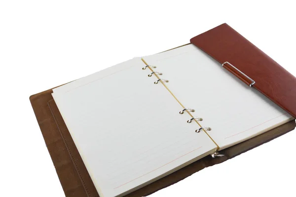 Cuaderno Encuadernador Con Funda Cuero Marrón Cuaderno Abierto Aislado Blanco — Foto de Stock