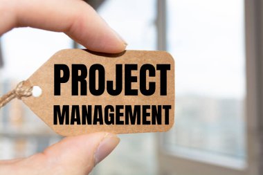 Proje Yönetimi 'ni yazan iş adamı. Arkaplanda proje yönetimi simgeleri