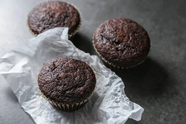 Delicious Fresh Chocolate Muffins Gray Ceramic Table — Stok Foto