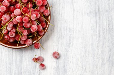 Kahverengi seramik vazoda, beyaz ahşap bir masada donmuş kırmızı frenk üzümü. Yakın plan. Doğal ve sağlıklı vitamin açısından zengin donmuş dut..