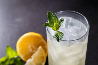 Buzlu, naneli ve limonlu limonatasız yaz tatili. Üst görünüm, metin için yer. Fotokopi alanı olan meyve arkaplanı. Durgun yaşam yemeği.