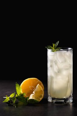 Buzlu, naneli ve limonlu limonatasız yaz tatili. Üst görünüm, metin için yer. Fotokopi alanı olan meyve arkaplanı. Durgun yaşam yemeği.