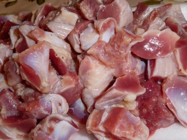 Fresh raw chicken or turkey gizzard pieces ready for a meal.