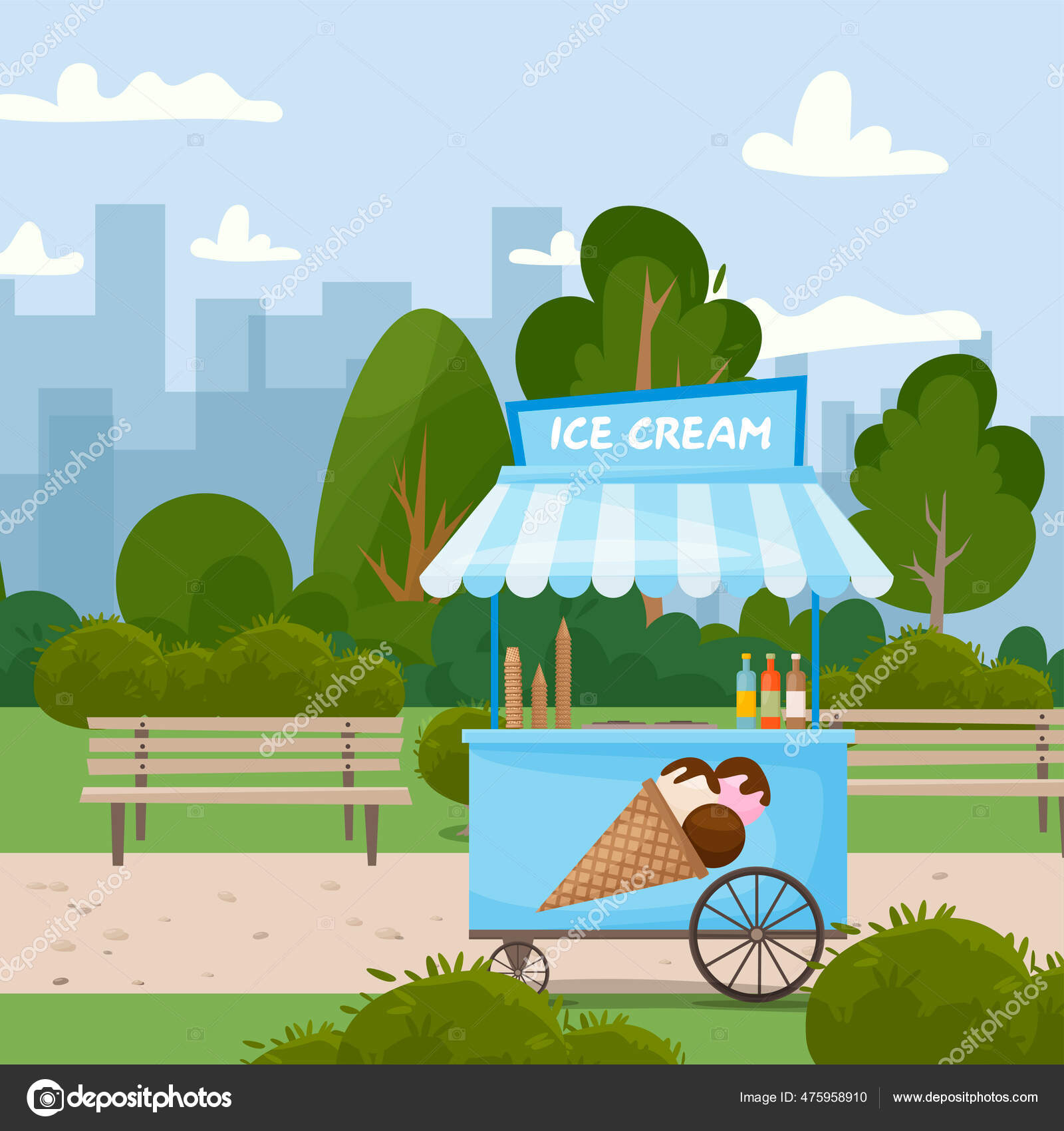 Fast food street Ice cream cart. Food in the park in nature. Fast food business seller Fast food street Ice cream cart. Food in the park in nature. Fast food business seller
