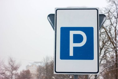 Kış mevsiminde gökyüzü ve ağaçların arka planında park tabelası yakın.