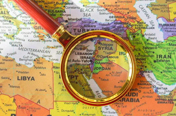 2021年9月2日 叙利亚 以色列 黎巴嫩的亚洲地图 缩放放大镜 主题为旅行及前往贝鲁特 耶路撒冷 大马士革 — 图库照片