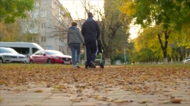Rear view, a young couple man and woman walking in the Park with their child, who is riding in a stroller. autumn Park and yellow leaves.