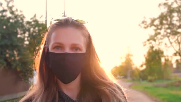 Front View Young Beautiful Girl Medical Black Mask Background Beautiful — Wideo stockowe