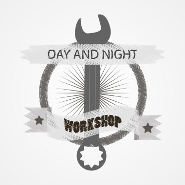 Onarım atölye için logo. Amblem mekaniği. Araçlar mekanik - open-end anahtarı, ayarlanabilir anahtarı. Eski moda stil logosu Atölyesi.