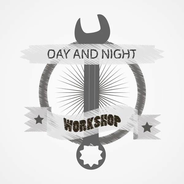 Onarım atölye için logo. Amblem mekaniği. Araçlar mekanik - open-end anahtarı, ayarlanabilir anahtarı. Eski moda stil logosu Atölyesi.