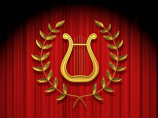 Ancienne Lyre Avec Couronne Sur Rideau Rouge Rendu — Photo