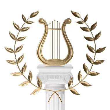 Ancient lyre with wreath on pillar 3d rendering clipart