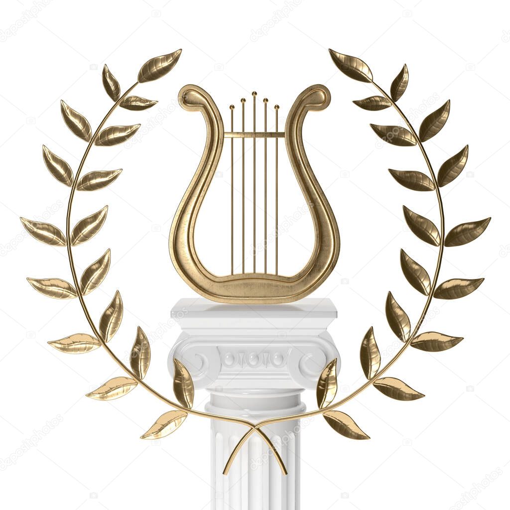 Ancient lyre with wreath on pillar 3d rendering