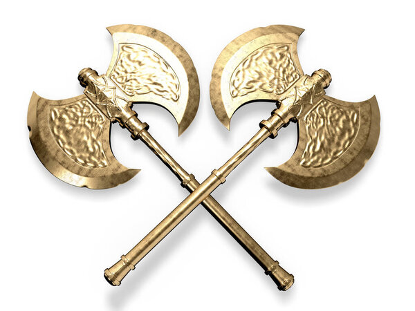 Dual golden battle axes 3d rendering