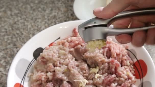 Distribuire aglio carne macinata per polpette — Video Stock