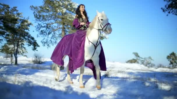 Hermosa mujer en un caballo blanco en invierno — Vídeos de Stock