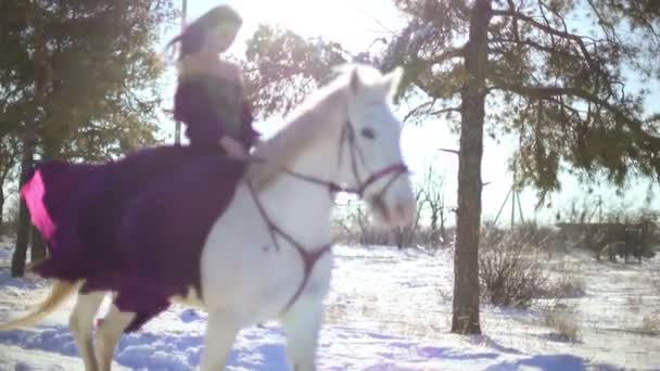 Hermosa mujer en un caballo blanco en invierno — Vídeos de Stock