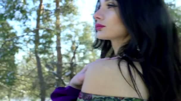 Красивая девушка в зимнем лесу — стоковое видео