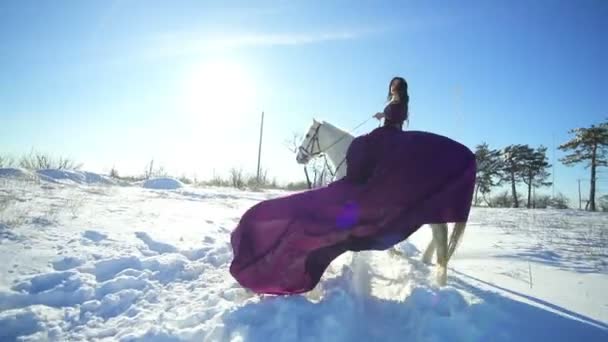 Молодая женщина сидит на белом коне на открытом воздухе — стоковое видео