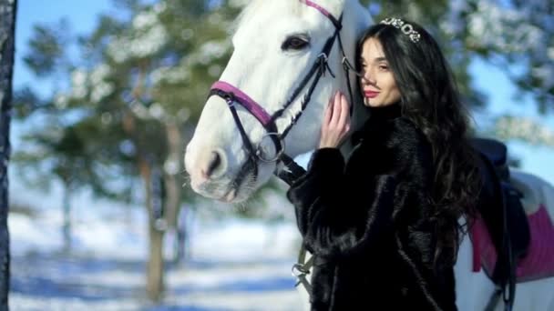 Beautiful young woman stroking a horse — Stock Video