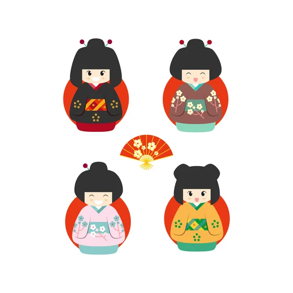 Conjunto de quatro bonecas kokeshi japonês bonito — Vetor de Stock