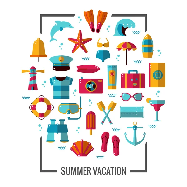 Icono de verano ilustración cartel. Colorido concepto de vacaciones de mar. Conjunto de pictogramas de diseño plano vectorial para folletos, pancartas o folletos . — Vector de stock
