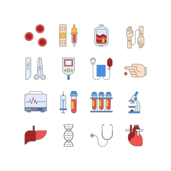 Barevné lékařské ikonky v stylu čáry. Kolekce pictorgam testy vektor krev a srdce. — Stockový vektor
