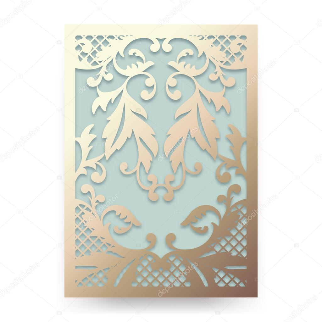 Beautiful wedding invitation with abstract floral ornament. Garden motif. Vector template for laser cutting. Can be used as invitation, envelope, greeting card. Paper craft silhouette.