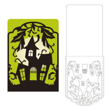 Laser cut halloween vector invitation card template. Scary mansion. clipart