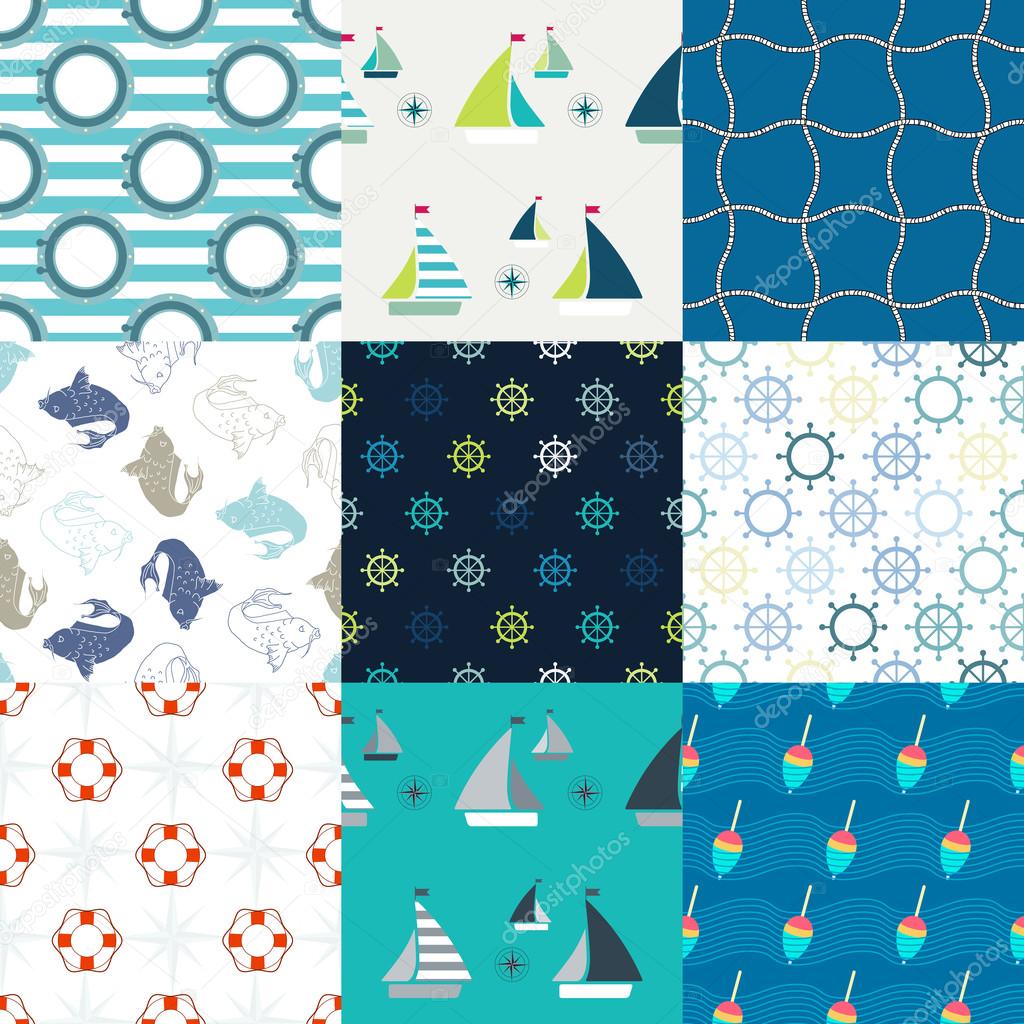 Blue set of 9 marine symbols seamless patterns