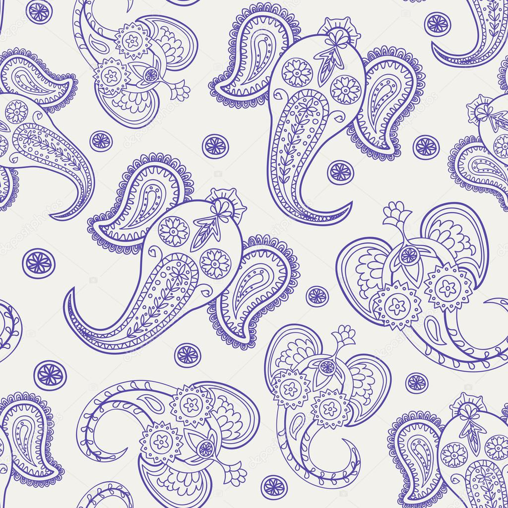 Paisley elephants seamless pattern