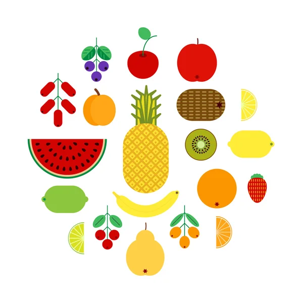 Набор плоских фруктов и ягод икон. Цветные векторные иллюстрации — стоковый вектор