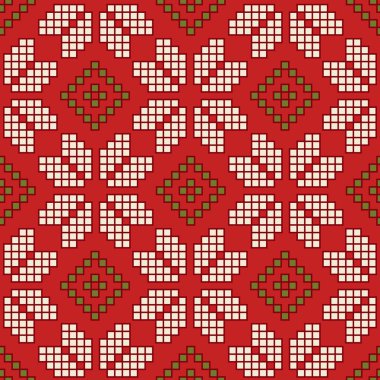 Piksel kar tanesi ve rhombus seamless modeli. Noel renkleri