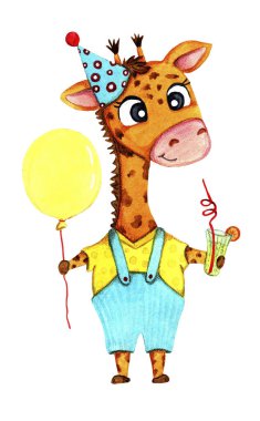 Bir doğum günü partisinde balon ve limonata ile zürafa.