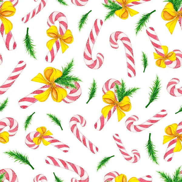 pattern candy cane with spruce branches and yellow bows