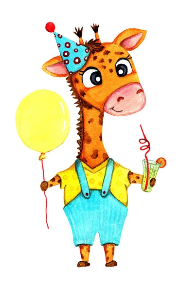 Giraff Födelsedagskalas Med Ballong Och Lemonad — Stockfoto