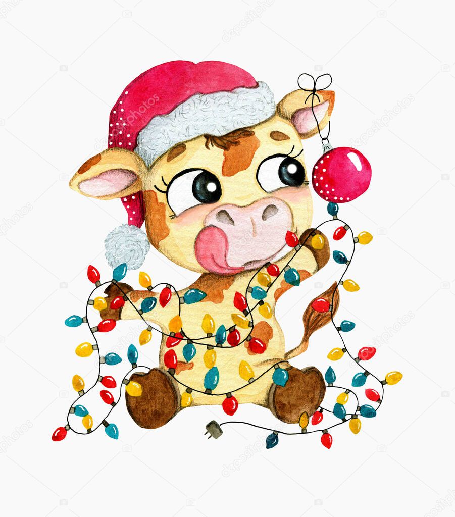 bull in the cap of Santa Claus with a garland