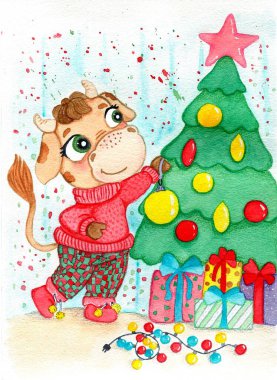 Boğa Noel ağacını süslüyor.