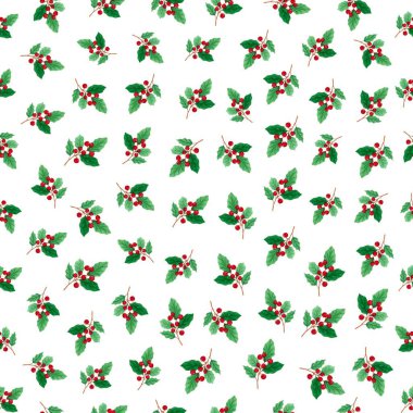 pattern green branches with red berries