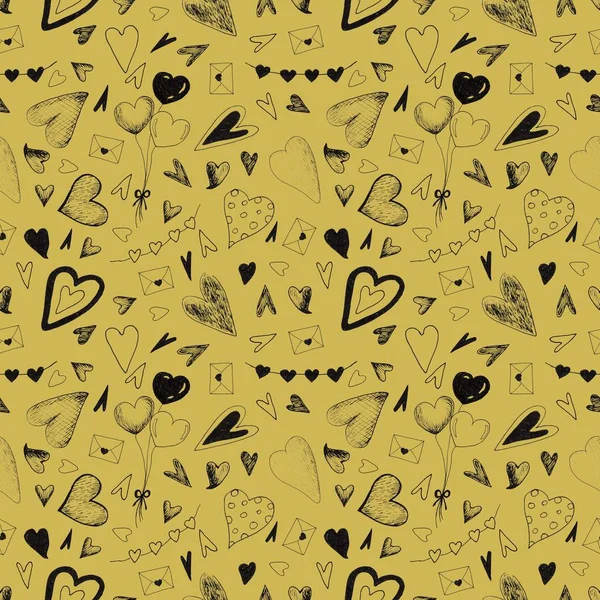 Muster Grafischer Herzen Auf Gelbem Hintergrund — Stockfoto