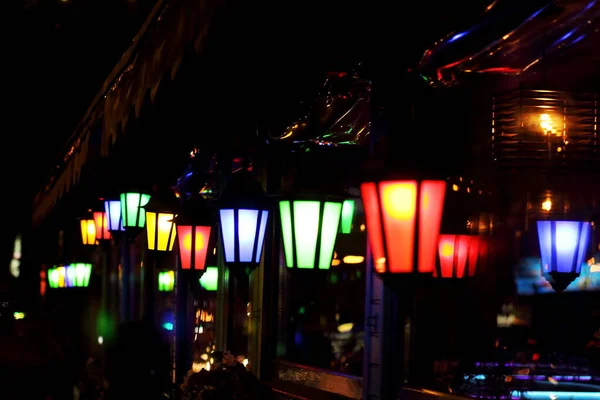 Vintage Street Lanterns Shine Multicolored Light Soft Focus — Stock Photo, Image