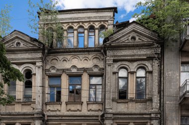 Kırık camlar ve çatıda filizlenen ağaçlarla çökmekte olan 19. yüzyıl Avrupa evi cephesi