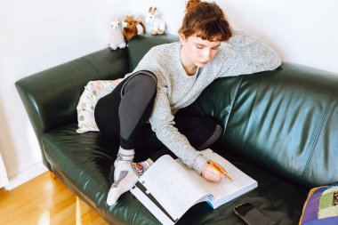 Genç kadın rahat deri koltukta oturur, not defterine not alır, kendi kendine çalışır, evde uzaktan öğrenir.