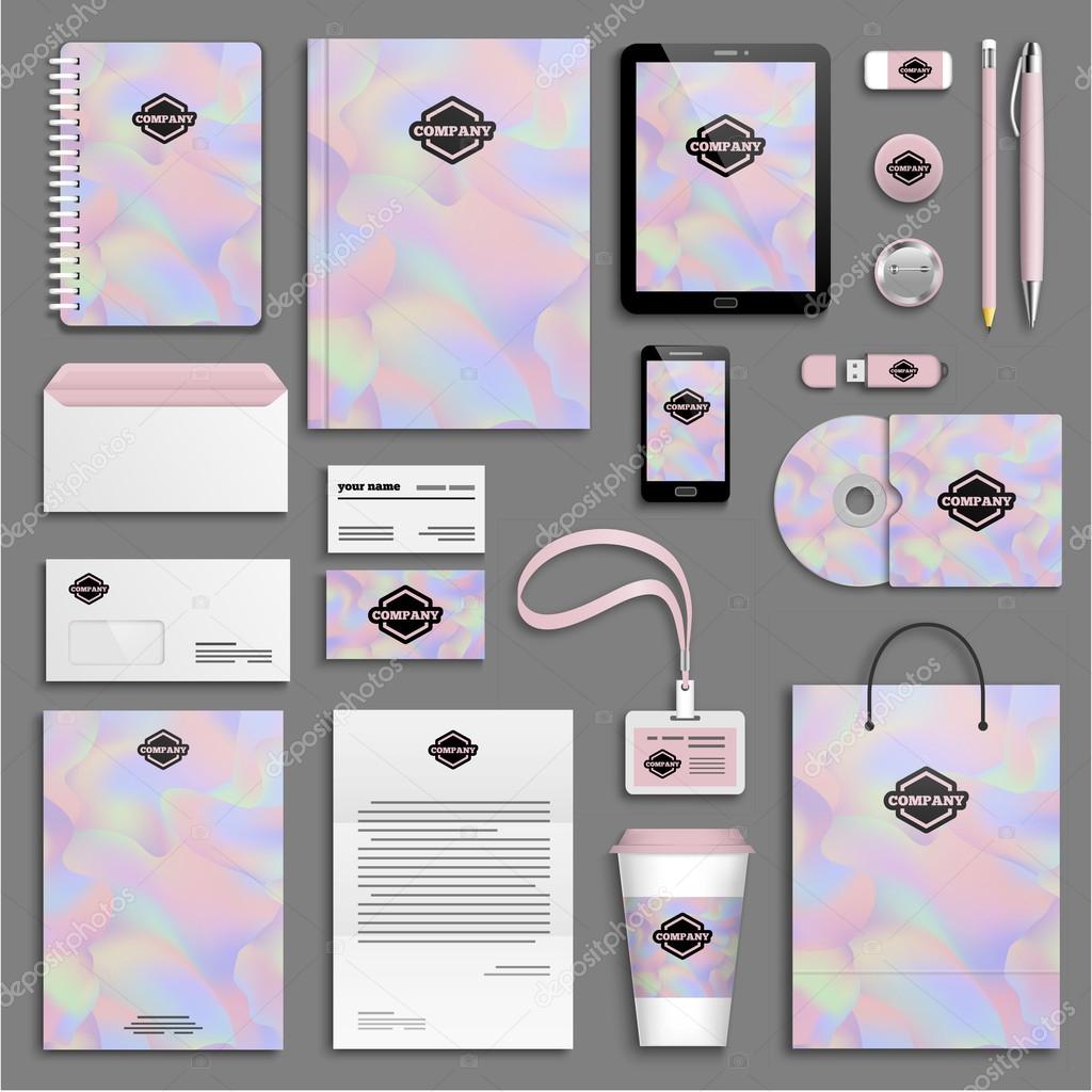 Trendy holographic colorful Corporate identity template set. Business stationery mock-up with logo. Branding design. Colorful background.
