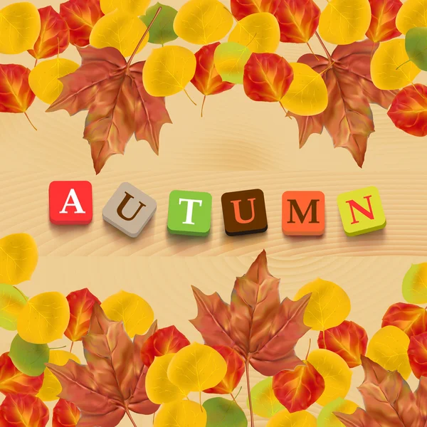 Autumn background with leaves and colorful letters. — Stock Vector