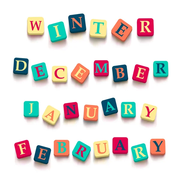 Words "winter", "february" , "january" , "december"  with colorful blocks — Stock Vector