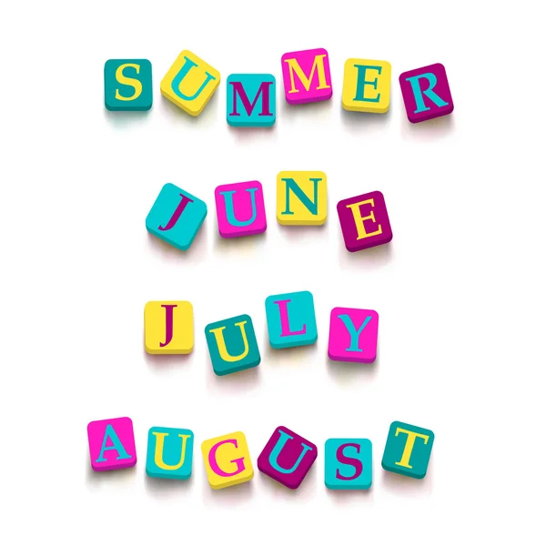Kelime "yaz", "Haziran", "Temmuz", "renkli bloklarla Ağustos" — Stok Vektör