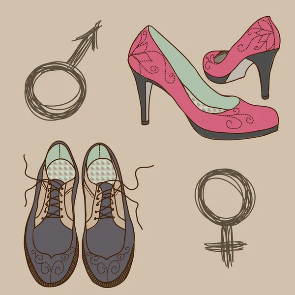 Mužské a ženské boty a pohlaví znaky — Stockový vektor