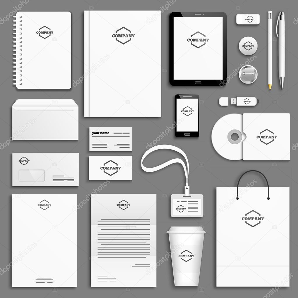 Corporate identity template set. Business stationery mock-up with logo. Branding design. Letter envelope, card, catalog, pen, pencil, badge, paper cup, notebook, tablet pc, mobile phone, letterhead